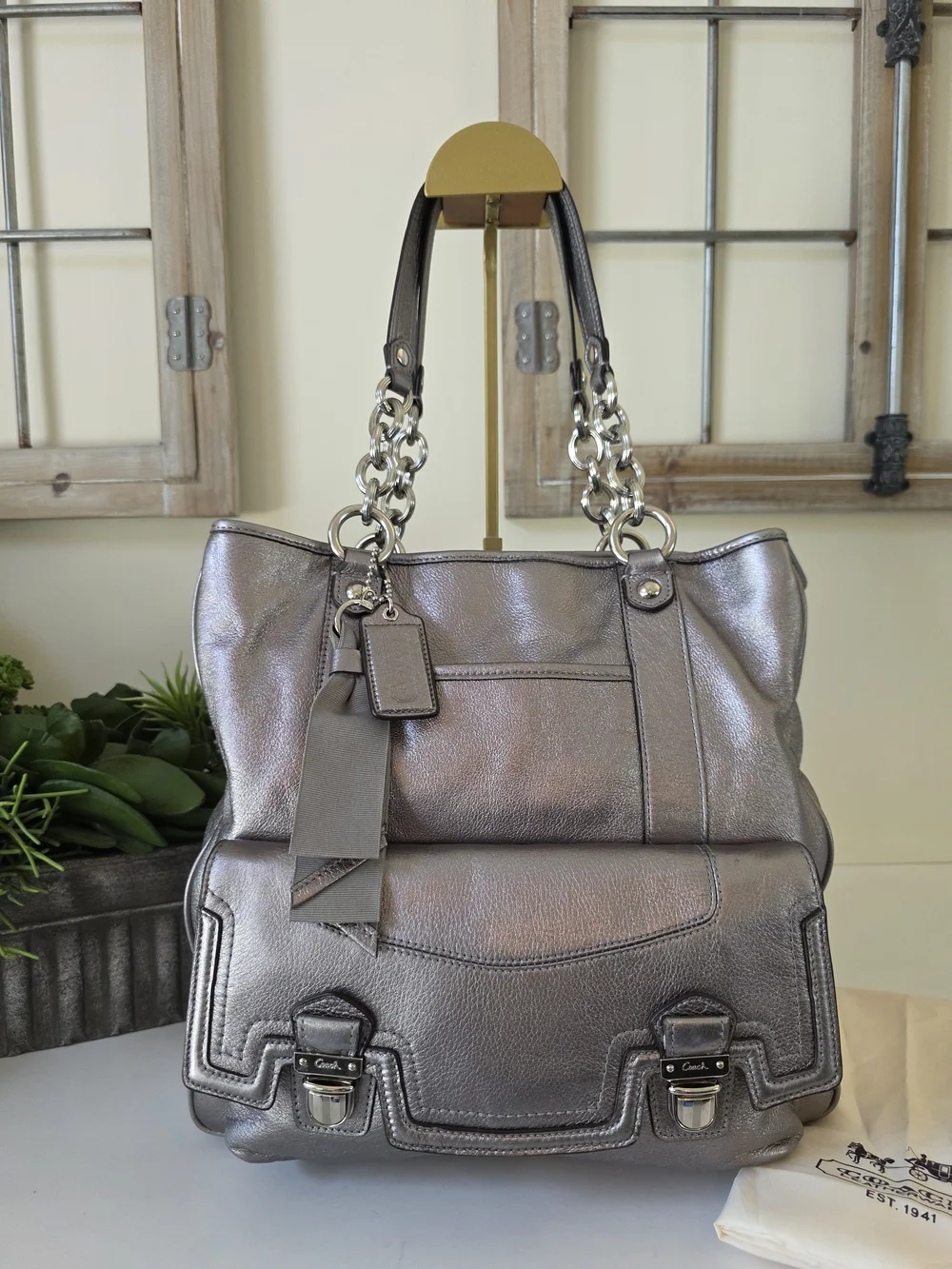 Coach Poppy Pushlock Metallic Leather Tote Y2K Silver Gray